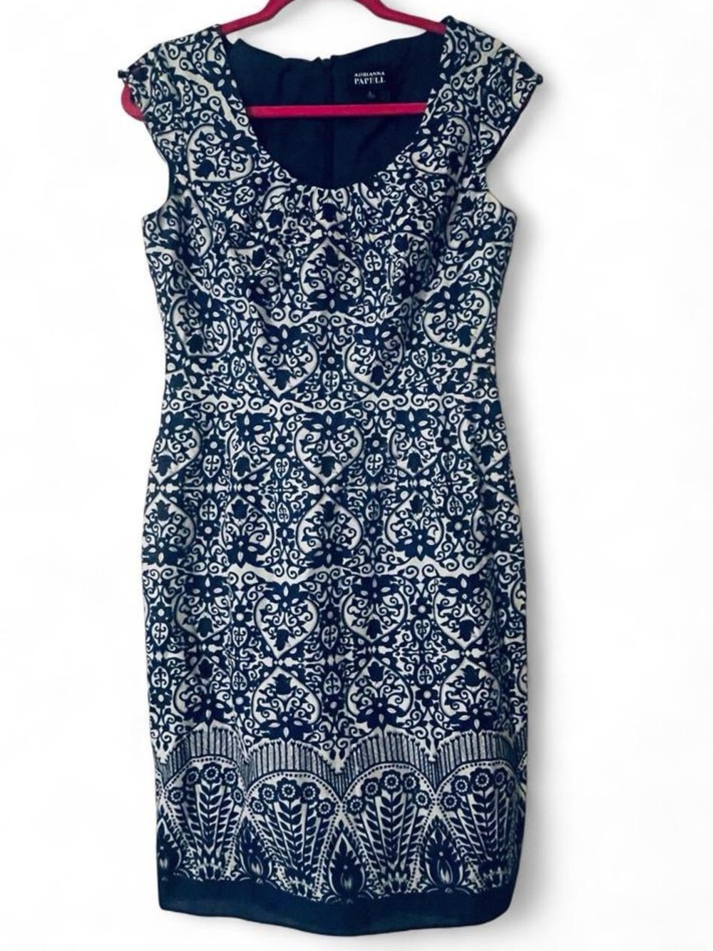 Adrianna Papell Damask Cotton Sheath Dress Size 8 Navy Blue Button Cap Sleeve